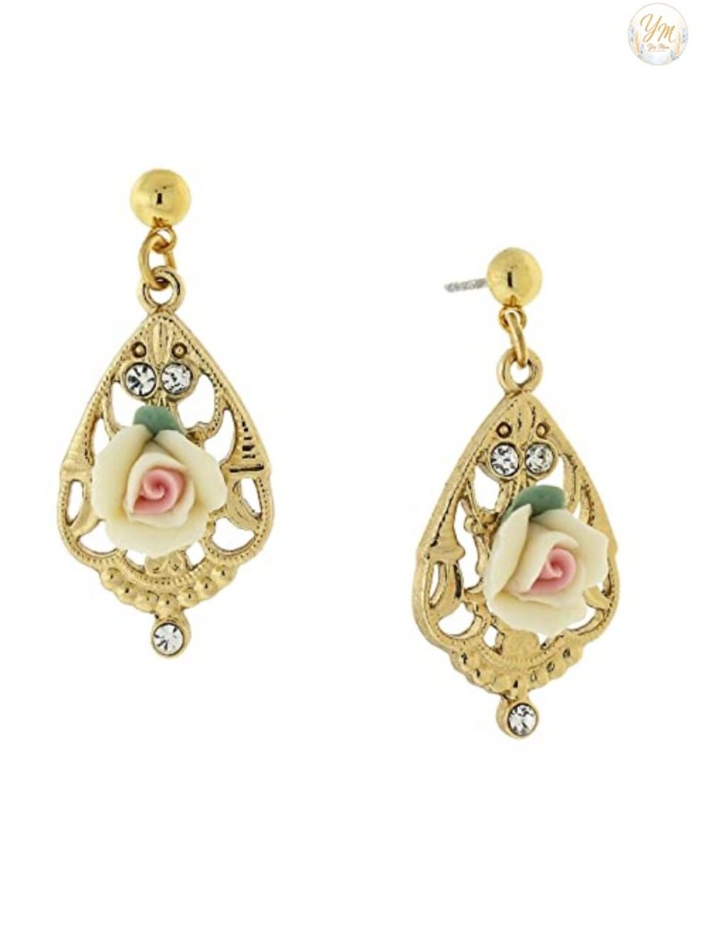 Gold-Tone Porcelain Rose Teardrop Earrings Crystal Accent Made in USA